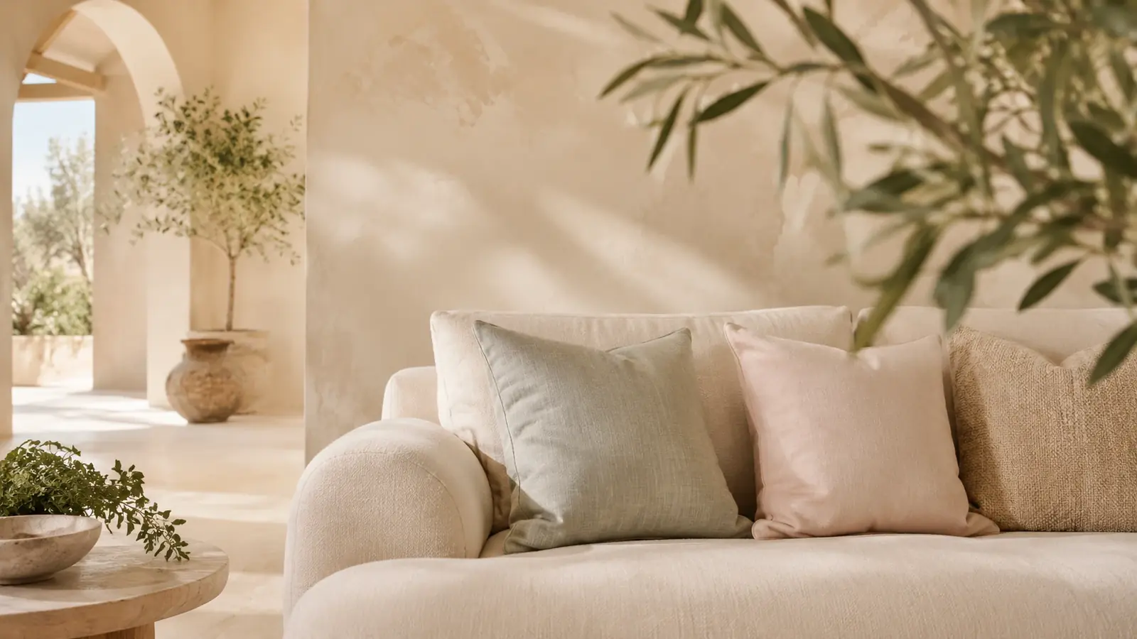 Cream linen sofa with textured cushions in a sunlit stone interior