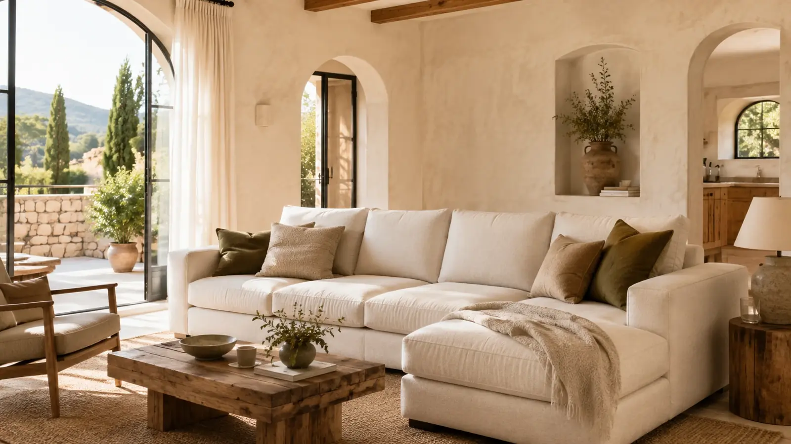 Large cream corner sofa with linen upholstery and a timber coffee table
