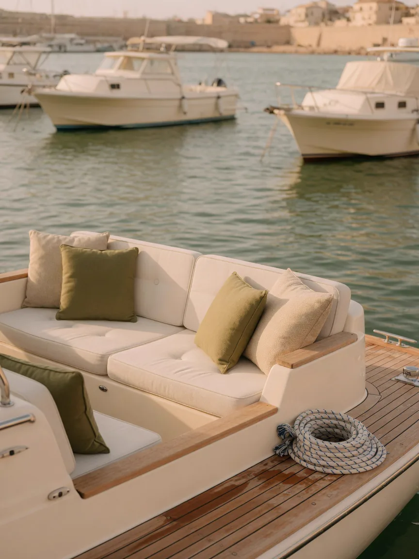 Marine seating with light upholstered cushions and teak detailing